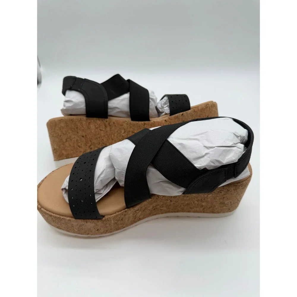 Evans Flatform Phoebe Black Cork Wedge Platform Sandals Womens 8.5W